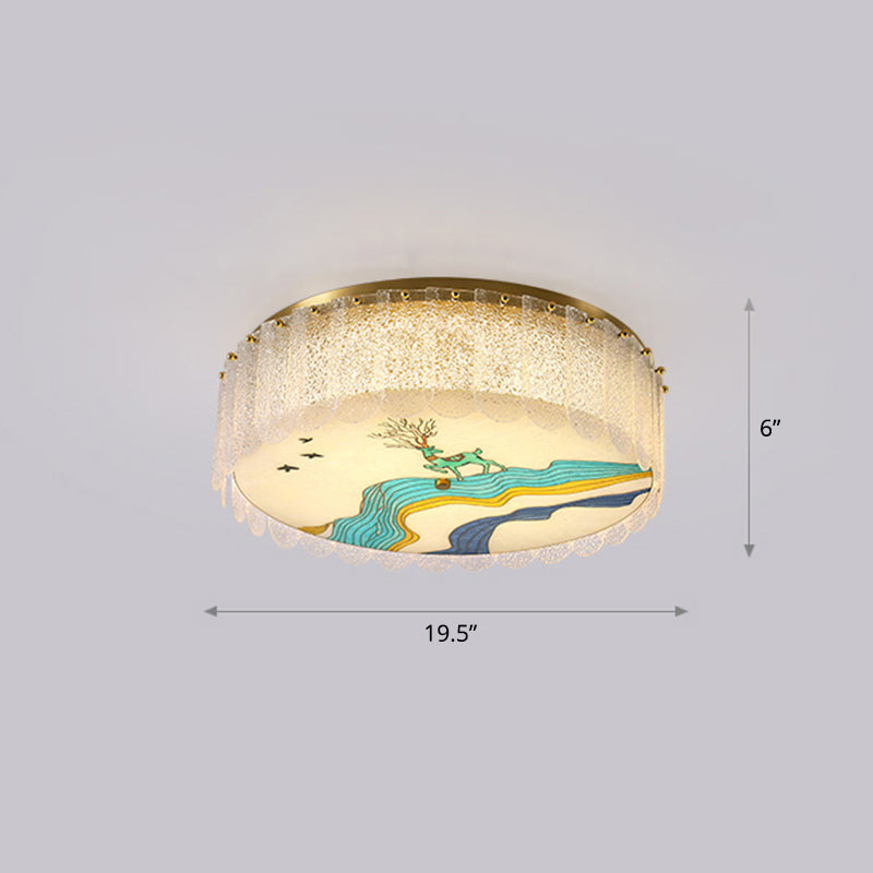 Gold Led Crystal Flush Ceiling Light: Hand - Painted Drum Design Modern Bedroom Fixture / Deer
