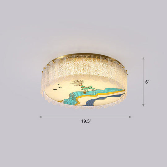 Gold Led Crystal Flush Ceiling Light: Hand - Painted Drum Design Modern Bedroom Fixture / Deer