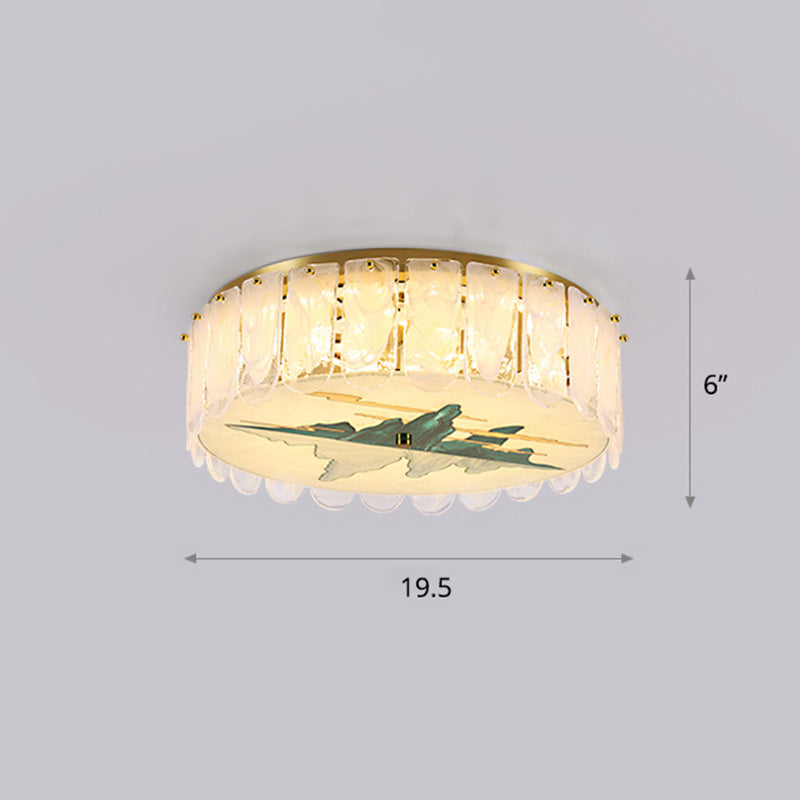 Gold Led Crystal Flush Ceiling Light: Hand - Painted Drum Design Modern Bedroom Fixture / Mountain
