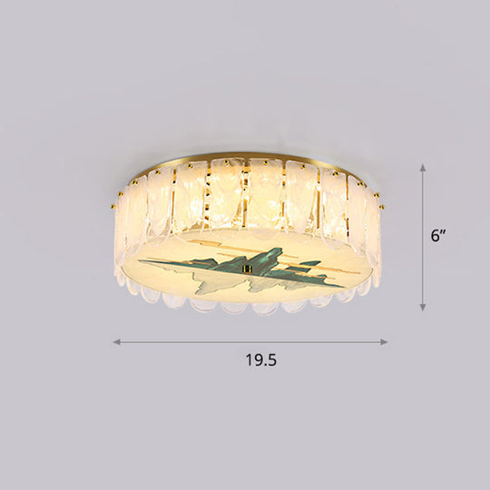Gold Led Crystal Flush Ceiling Light: Hand - Painted Drum Design Modern Bedroom Fixture / Mountain