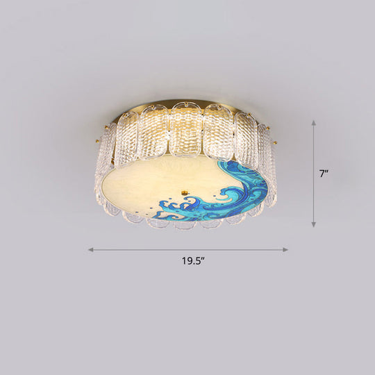 Gold Led Crystal Flush Ceiling Light: Hand - Painted Drum Design Modern Bedroom Fixture / Wavy