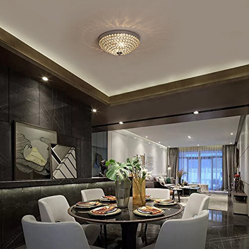 Crystal Bowl Flush Mount Ceiling Light Fixture For Elegant Dining Room - Chrome Finish