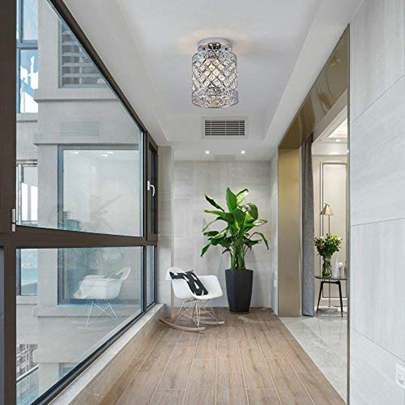 1 - Light Crystal Embedded Flush Mount Lamp With Chrome Finish For Aisle - Cylindrical Design