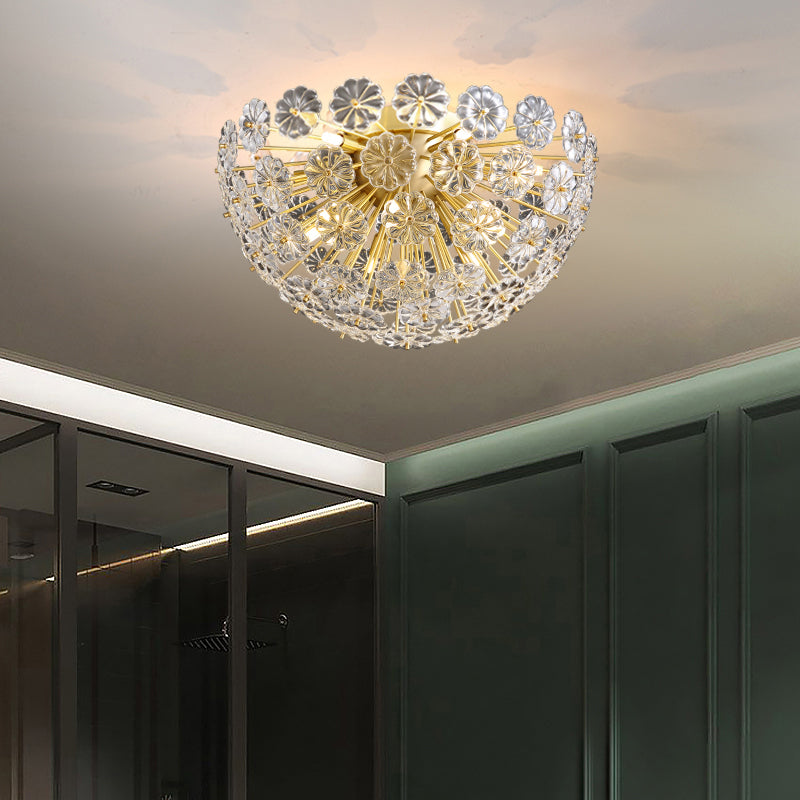 Stunning Crystal Flower Semi Mount Ceiling Light In Modern Gold Finish - Perfect For Bedrooms