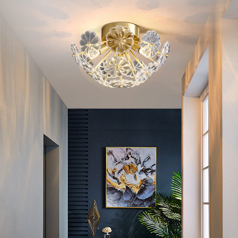 Stunning Crystal Flower Semi Mount Ceiling Light In Modern Gold Finish - Perfect For Bedrooms