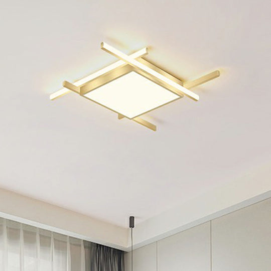 Gold Metal Bedroom Ceiling Light - Minimalist Square Flush Mount Fixture