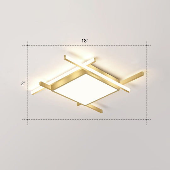 Gold Metal Bedroom Ceiling Light - Minimalist Square Flush Mount Fixture / 18’ Remote Control