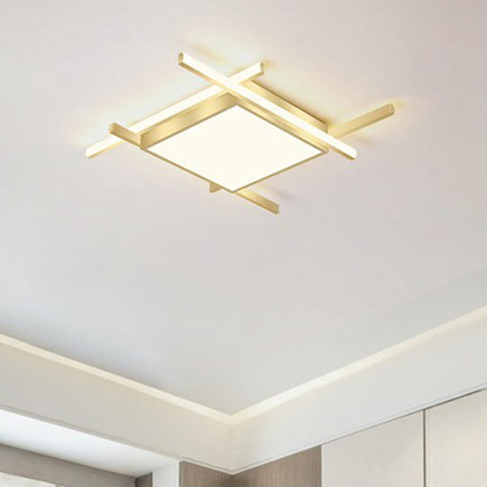 Gold Metal Bedroom Ceiling Light - Minimalist Square Flush Mount Fixture