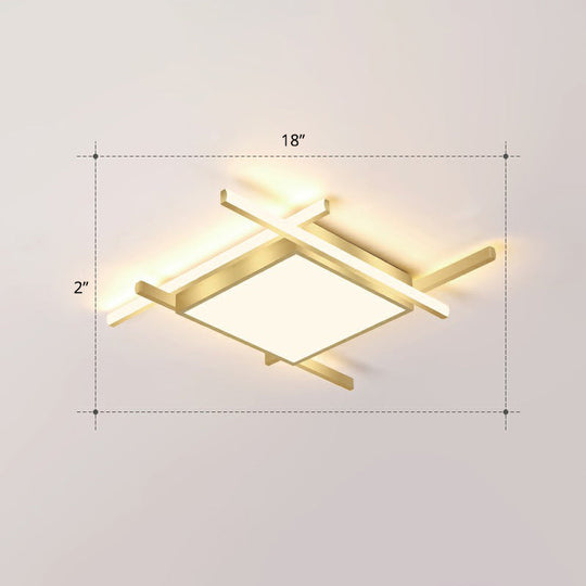 Gold Metal Bedroom Ceiling Light - Minimalist Square Flush Mount Fixture / 18’ Warm