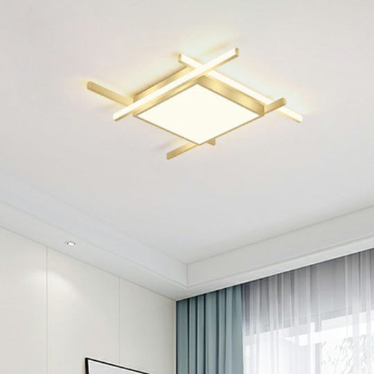 Gold Metal Bedroom Ceiling Light - Minimalist Square Flush Mount Fixture