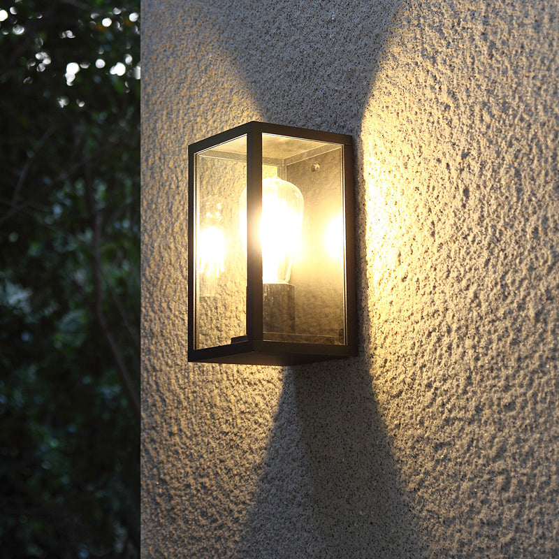 Modern Black Box Patio Wall Sconce - Transparent Glass 1-Bulb Lighting Fixture