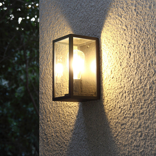 Modern Black Box Patio Wall Sconce - Transparent Glass 1-Bulb Lighting Fixture