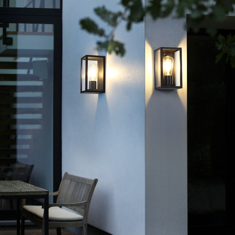 Modern Black Box Patio Wall Sconce - Transparent Glass 1-Bulb Lighting Fixture