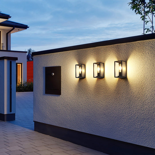 Modern Black Box Patio Wall Sconce - Transparent Glass 1-Bulb Lighting Fixture