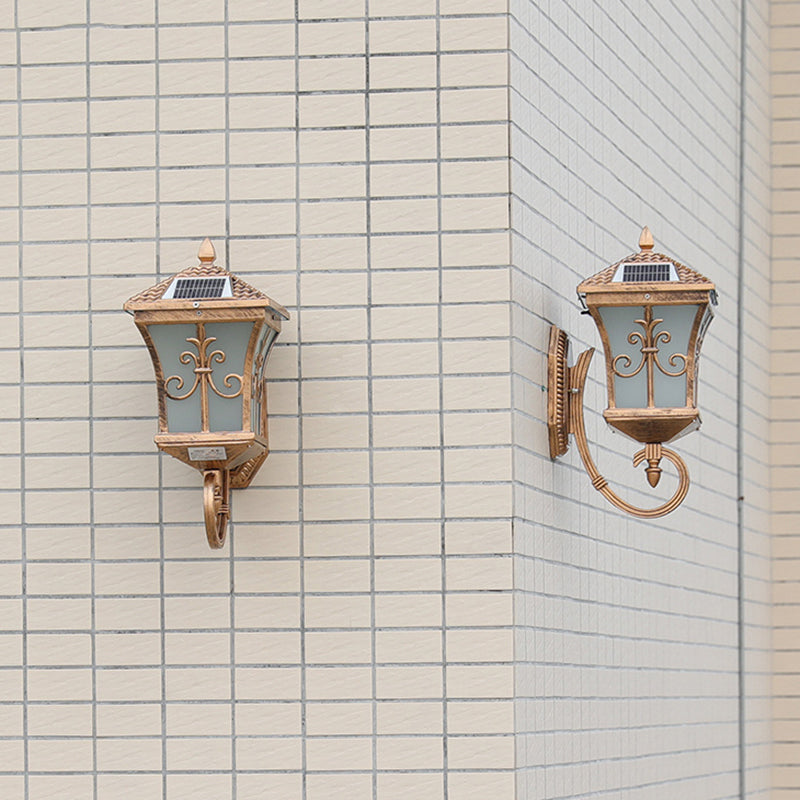 Frosted Glass Brass Wall Sconce - Tapered Traditional Light With Scrolls