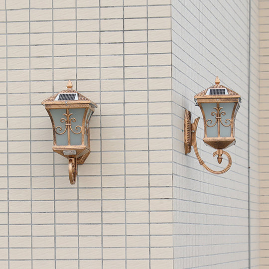 Frosted Glass Brass Wall Sconce - Tapered Traditional Light With Scrolls