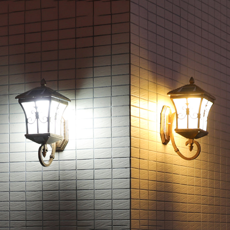 Frosted Glass Brass Wall Sconce - Tapered Traditional Light With Scrolls