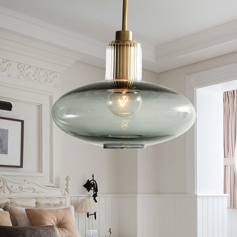 Modern Oval Pendant Light With Grey/Blue Glass - Ideal For Bedrooms