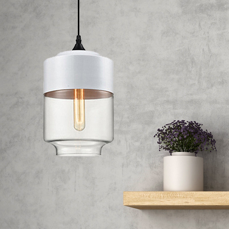 Modern 1-Light Glass Suspension Pendant In White/Black - 5/7/8 Wide Drum/Cylinder/Jar Clear/Yellow