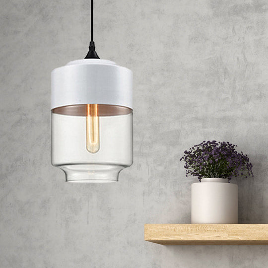 Modern 1-Light Glass Suspension Pendant In White/Black - 5/7/8 Wide Drum/Cylinder/Jar Clear/Yellow