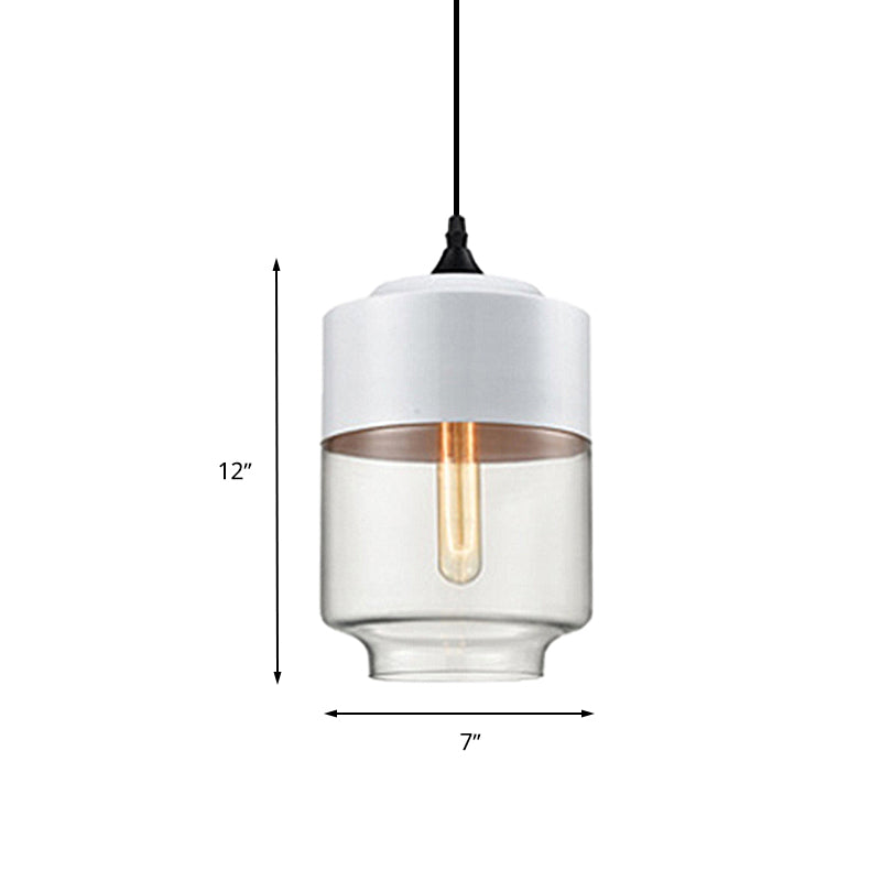 Modern 1-Light Drum/Cylinder/Jar Suspension Pendant – Clear/Yellow Glass White/Black Fixture