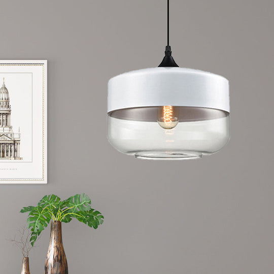 Modern 1-Light Drum/Cylinder/Jar Suspension Pendant – Clear/Yellow Glass White/Black Fixture