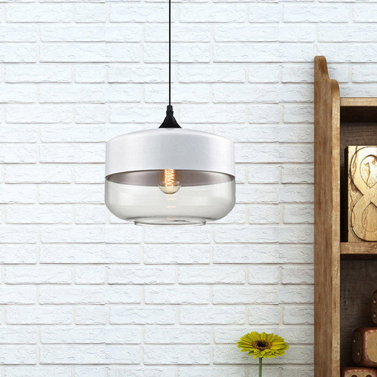 Modern 1-Light Glass Suspension Pendant In White/Black - 5/7/8 Wide Drum/Cylinder/Jar Clear/Yellow