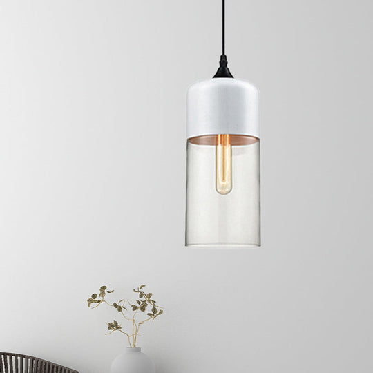 Modern 1-Light Glass Suspension Pendant In White/Black - 5/7/8 Wide Drum/Cylinder/Jar Clear/Yellow