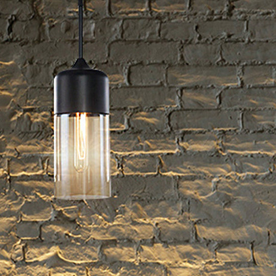 Modern 1-Light Glass Suspension Pendant In White/Black - 5/7/8 Wide Drum/Cylinder/Jar Clear/Yellow