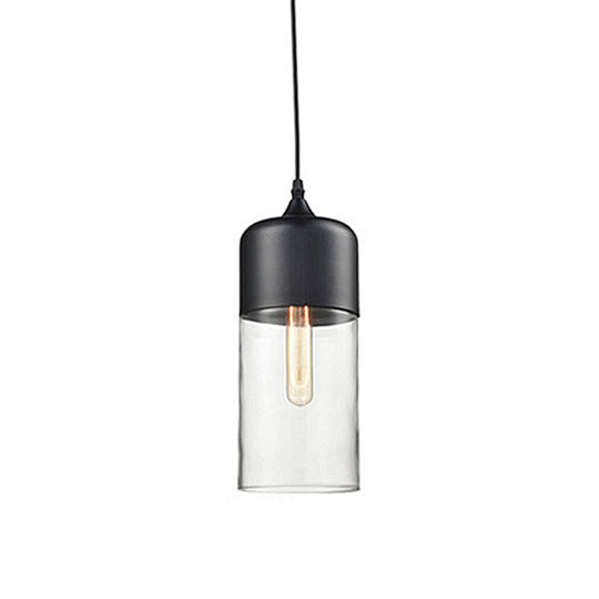 Modern 1-Light Glass Suspension Pendant In White/Black - 5/7/8 Wide Drum/Cylinder/Jar Clear/Yellow