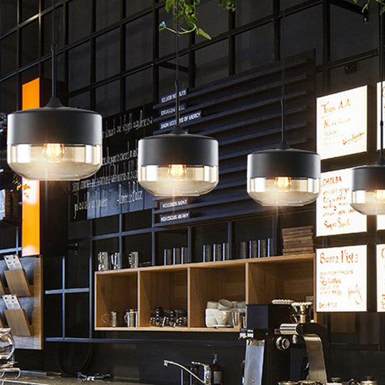 Modern 1-Light Glass Suspension Pendant In White/Black - 5/7/8 Wide Drum/Cylinder/Jar Clear/Yellow