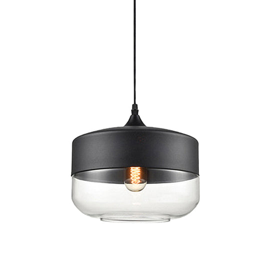 Modern 1-Light Glass Suspension Pendant In White/Black - 5/7/8 Wide Drum/Cylinder/Jar Clear/Yellow