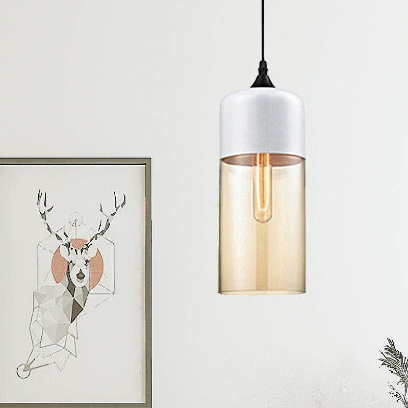 Modern 1-Light Glass Suspension Pendant In White/Black - 5/7/8 Wide Drum/Cylinder/Jar Clear/Yellow