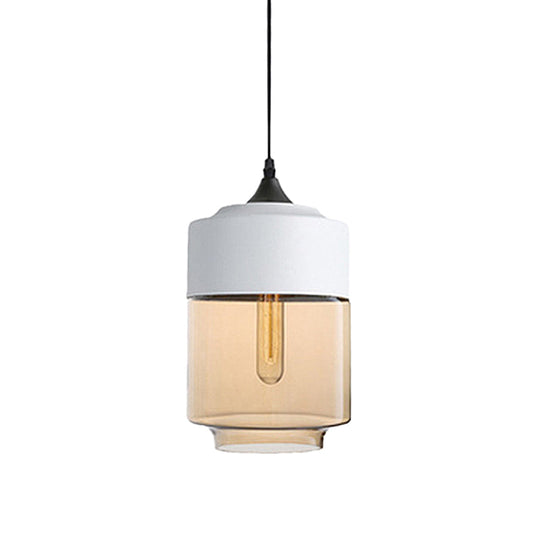 Modern 1-Light Drum/Cylinder/Jar Suspension Pendant – Clear/Yellow Glass White/Black Fixture
