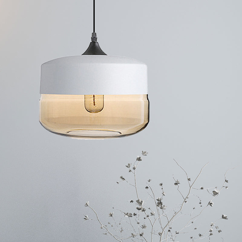 Modern 1-Light Drum/Cylinder/Jar Suspension Pendant – Clear/Yellow Glass White/Black Fixture