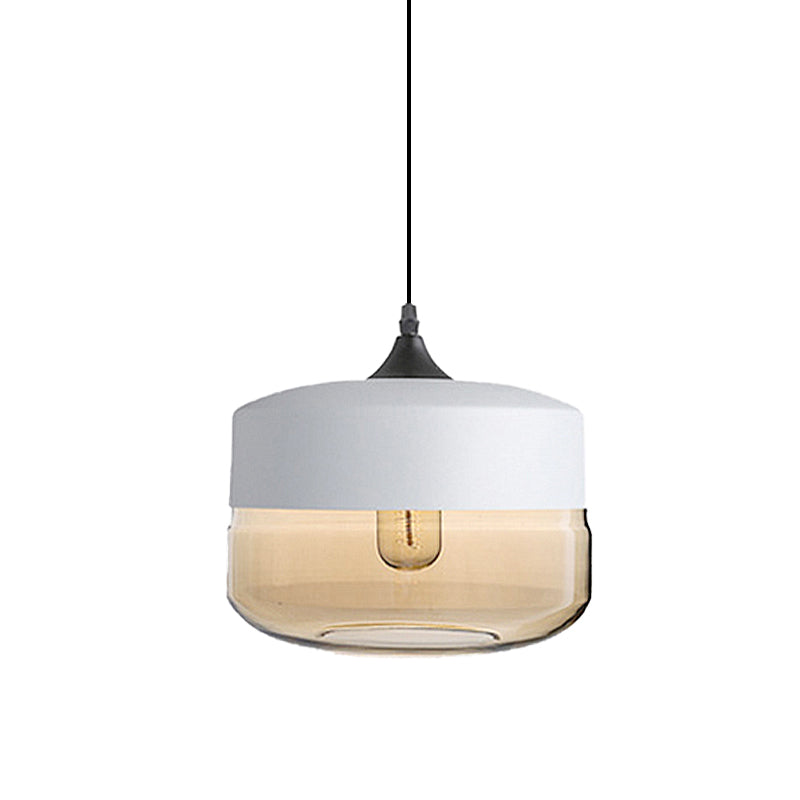 Modern 1-Light Drum/Cylinder/Jar Suspension Pendant – Clear/Yellow Glass White/Black Fixture