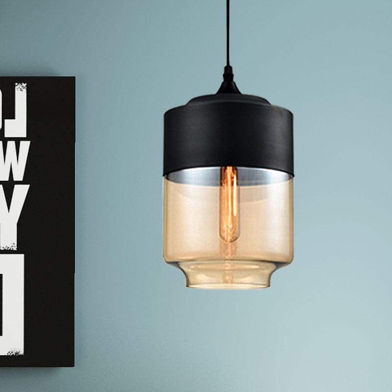 Modern 1-Light Drum/Cylinder/Jar Suspension Pendant – Clear/Yellow Glass White/Black Fixture
