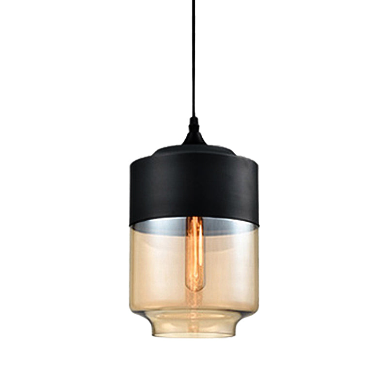 Modern 1-Light Drum/Cylinder/Jar Suspension Pendant – Clear/Yellow Glass White/Black Fixture