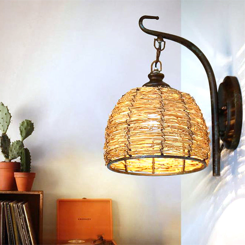 Handmade Asian Style Rattan Sconce With Dome Shade - 1 Light Bedroom Wall Lamp In Brown