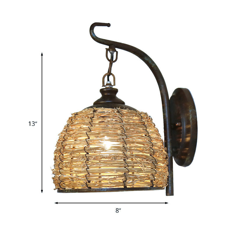 Handmade Asian Style Rattan Sconce With Dome Shade - 1 Light Bedroom Wall Lamp In Brown