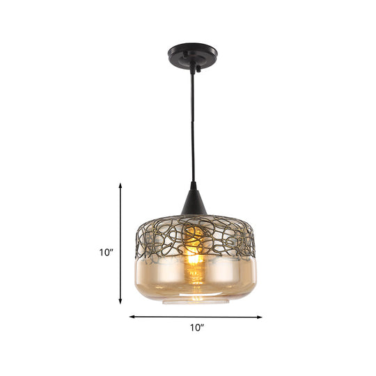 Contemporary Amber Glass Drum Pendant Lighting - Hanging Lamp Kit For Living Room