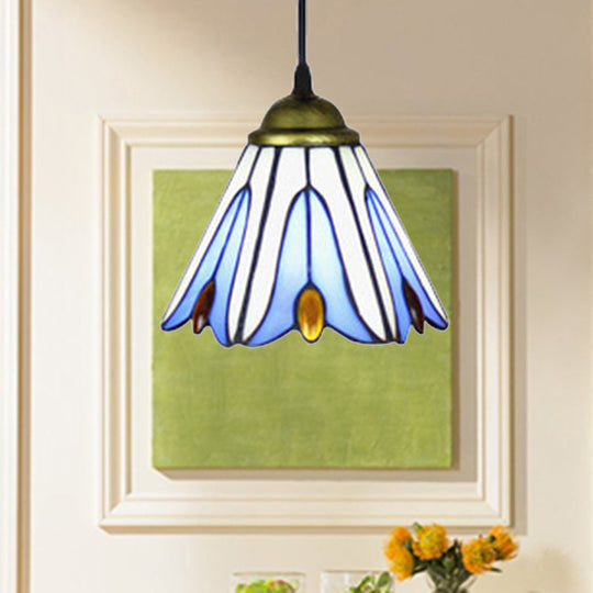 Tiffany-Style Handcrafted Art Glass Pendant Ceiling Lamp - Wide Flare 1-Bulb Blue Flower Pattern