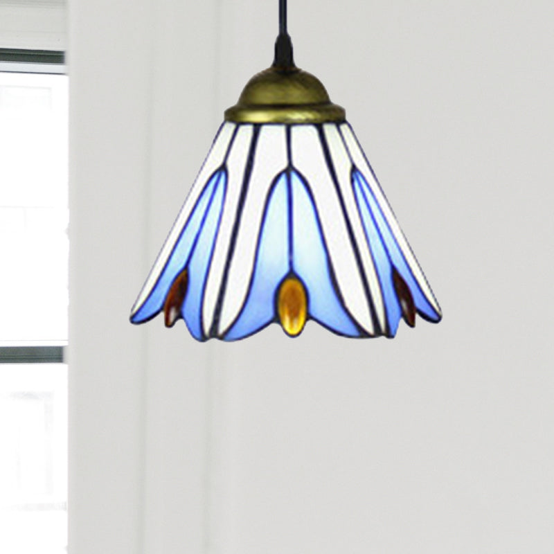Tiffany-Style Handcrafted Art Glass Pendant Ceiling Lamp - Wide Flare 1-Bulb Blue Flower Pattern