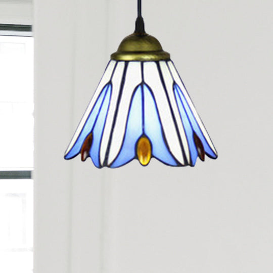 Tiffany-Style Handcrafted Art Glass Pendant Ceiling Lamp - Wide Flare 1-Bulb Blue Flower Pattern