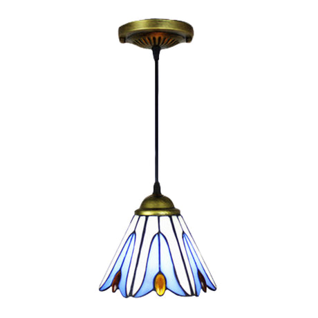 Tiffany-Style Handcrafted Art Glass Pendant Ceiling Lamp - Wide Flare 1-Bulb Blue Flower Pattern