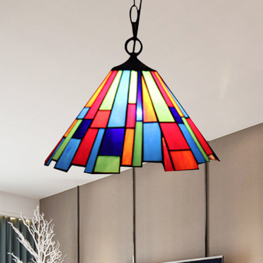 Tiffany Stained Glass Conical Hanging Lamp - Black Ceiling Pendant For Dining Room (12’/16’ Width)