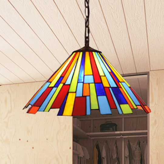 Tiffany Stained Glass Conical Hanging Lamp - Black Ceiling Pendant For Dining Room (12’/16’ Width)