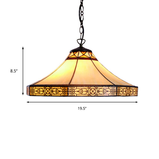 Single Bulb Stained Glass Tiffany-Style Cone Pendant Light In Beige For Living Room