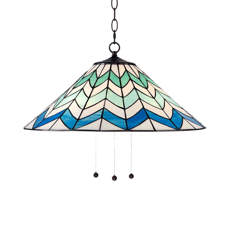 Blue Tiffany-Style Cone Pendant Light Fixture With Stained Art Glass - 16’/19.5’ W Single Head