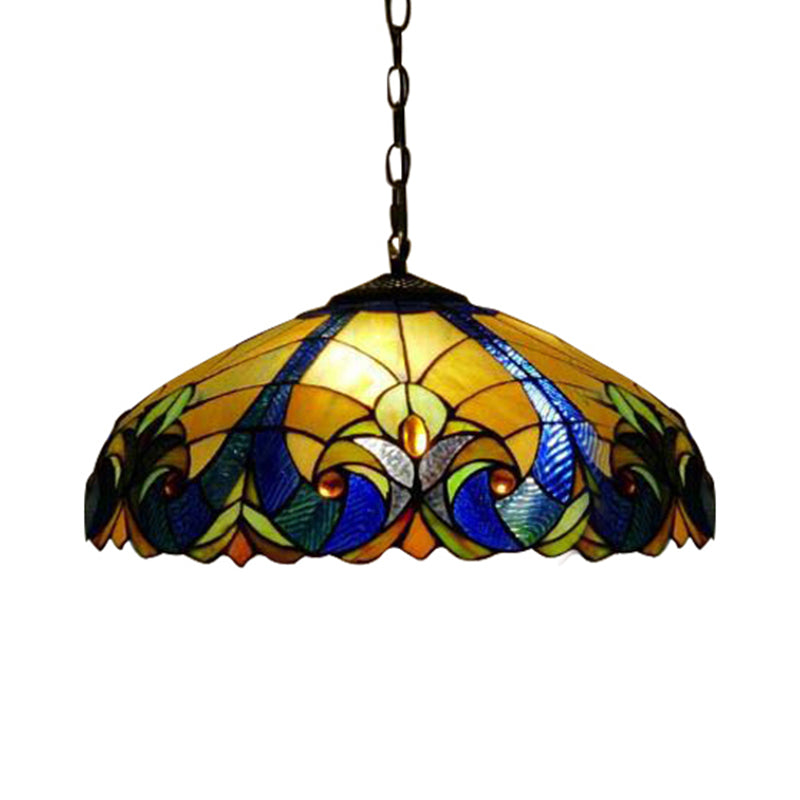 Tiffany Flared Ceiling Lamp - 4-Head Stained Art Glass Hanging Light Kit In Yellow/Blue For Bedrooms